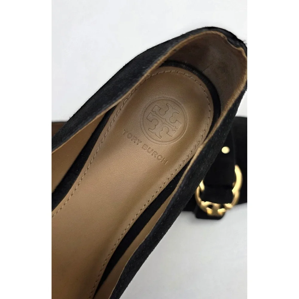 Tory Burch Black Suede Logo Buckle Ballet Flats Gold Hardware Size 7.5